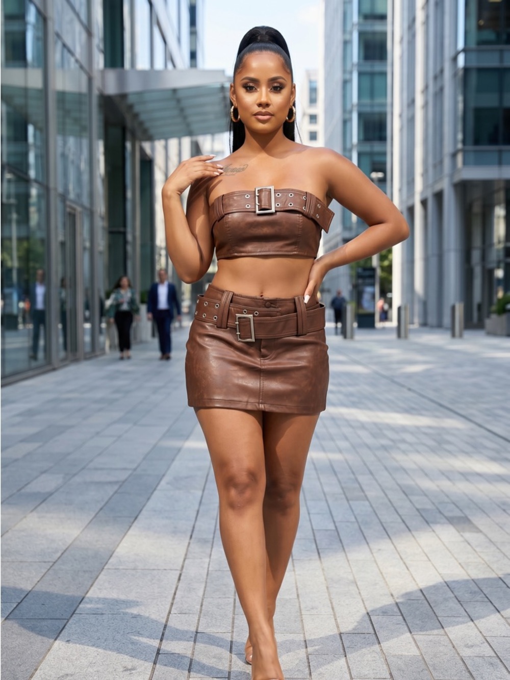 Fashion Nova Brown Faux Leather Mini Skirt and Top with Belt Accent